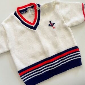 Vintage 60s Baby Toddler Nautical Anchor Knit Sweater 12M‎ Preppy Coastal